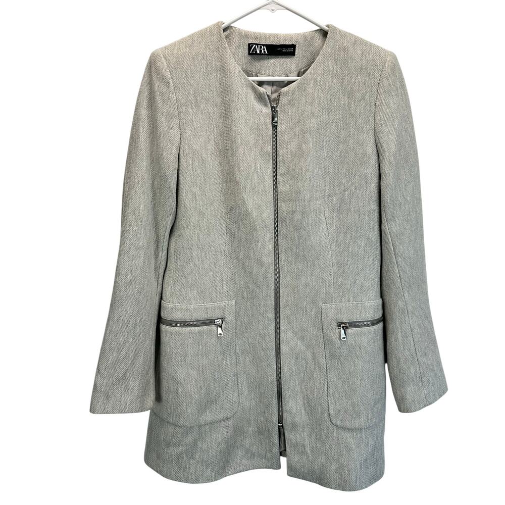Zara Long Line Blazer Marled Gray Peacoat Full zip and zip pockets Large